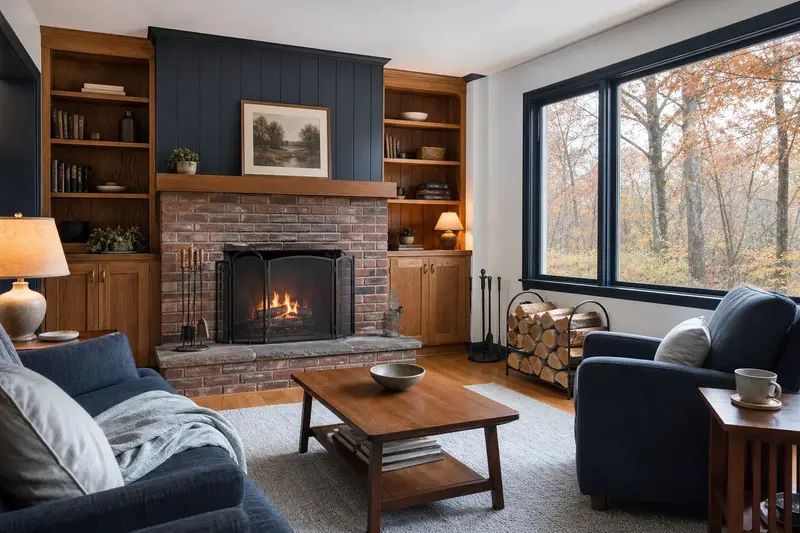 A hearth room with an open masonry wood-burning fireplace, split firewood in a steel rack and a clear hearth; illustrative image