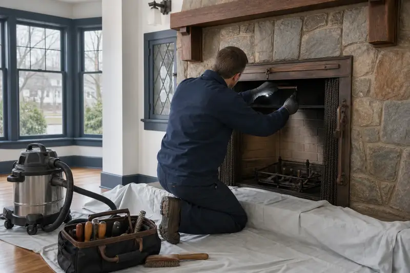 A technician adjusting the damper handle of a factory-built wood-burning fireplace with a stone facing by flashlight, the fireplace cold; illustrative image