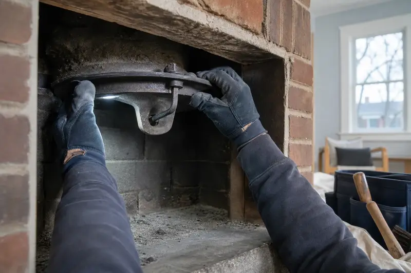 Gloved hands working a cast-iron damper plate inside a cold masonry firebox; illustrative image