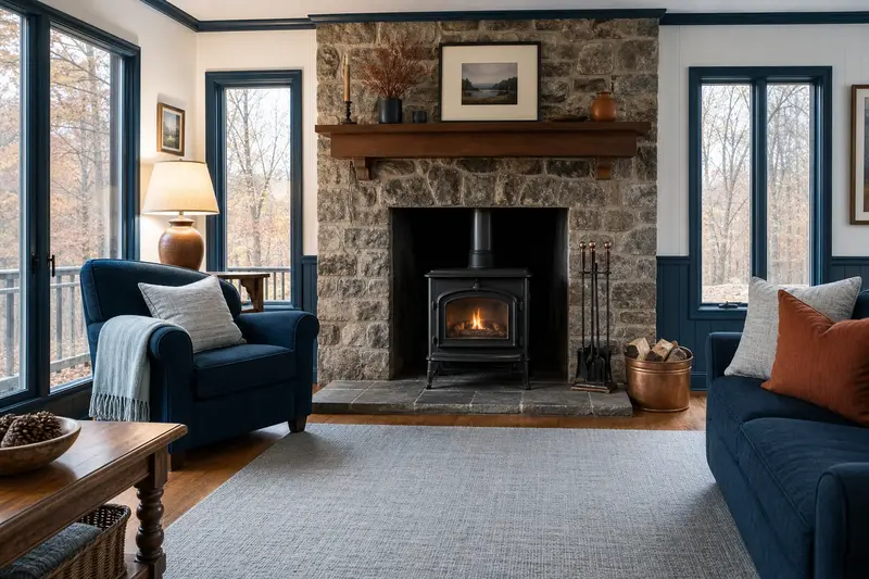 A calm sitting room with a cast-iron wood stove on a stone hearth pad, a clear hearth and fireplace tools on a stand, no one present; illustrative image