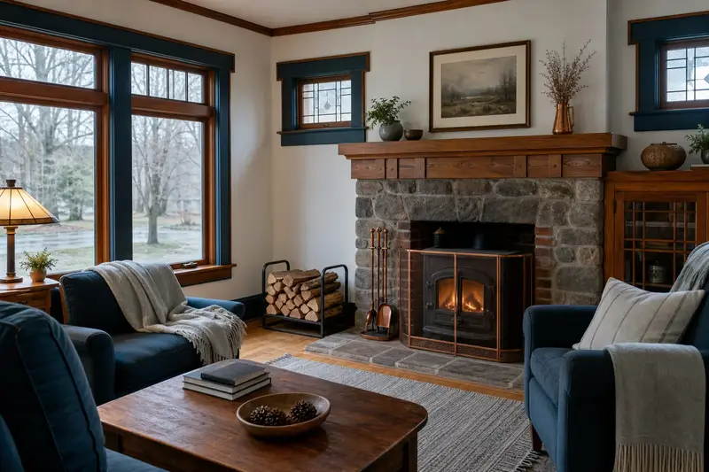 A tidy hearth room with a cast-iron wood stove on a stone hearth pad, a cleared hearth, fireplace tools and split firewood; illustrative image