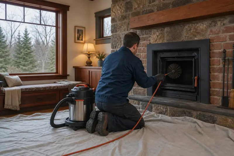 A technician feeding a rotary chimney brush up the flue of a wood-burning insert in a brick opening, drop cloths and a sealed vacuum on the hearth; illustrative image