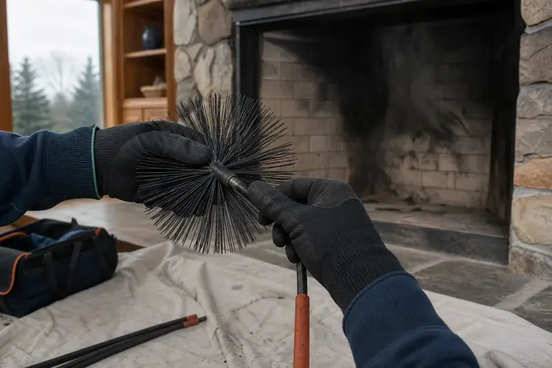 Gloved hands fitting a round wire brush onto a flexible rod at the hearth of an open masonry wood-burning fireplace; illustrative image