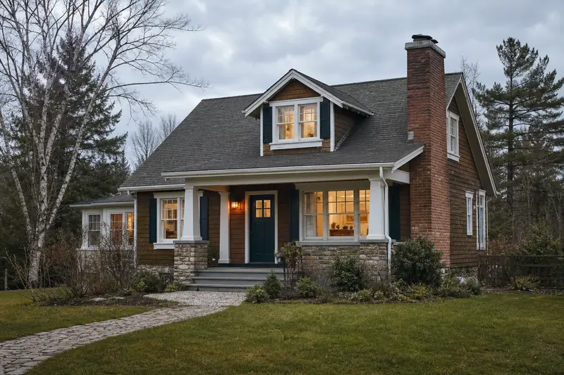 A 1950s Craftsman house in soft daylight with a red brick chimney with a concrete crown standing clear above the roofline; illustrative image