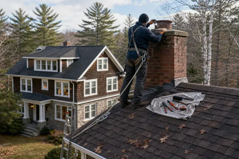 A harnessed technician examining the top of a tall brick chimney on a steep gable roof with a flashlight from a dry roof surface; illustrative image