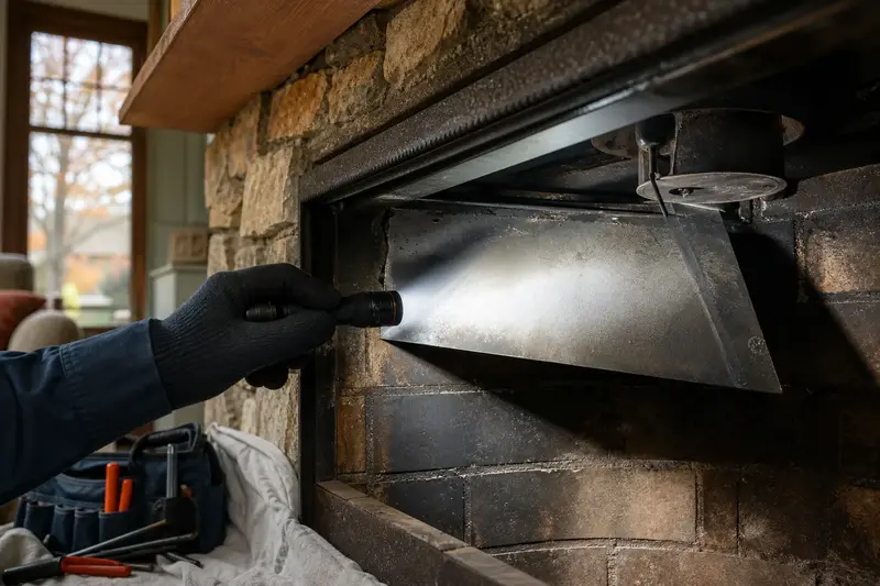 A flashlight beam across the smoke chamber and damper of an open masonry wood-burning fireplace, a gloved hand holding the light; illustrative image