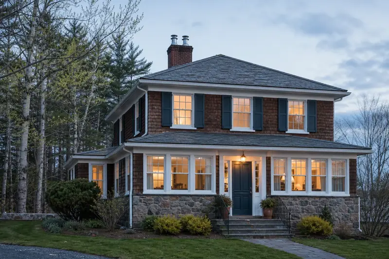 A 1950s foursquare house with a two-flue brick chimney on a slate roof fitted with a stainless steel liner cap; illustrative image