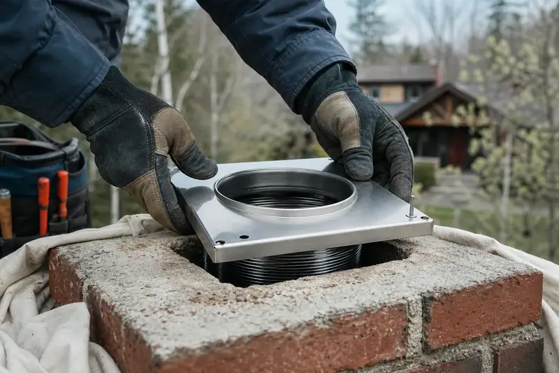 Gloved hands fitting a stainless steel liner top plate at a flue opening; illustrative image