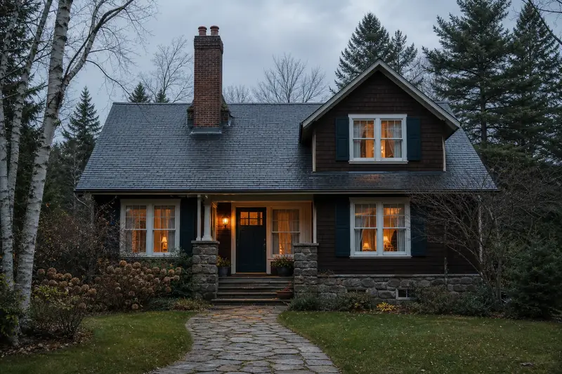A 1950s Craftsman house with a two-flue brick chimney on a slate roof rising above the roof; illustrative image