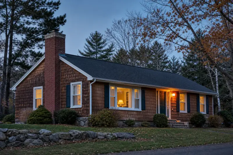 A 1950s cedar-sided rambler with a red brick chimney with a concrete crown and neat mortar joints; illustrative image