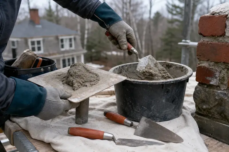 A mortar hawk, trowels and a bucket of mixed mortar set on a roof work platform; illustrative image