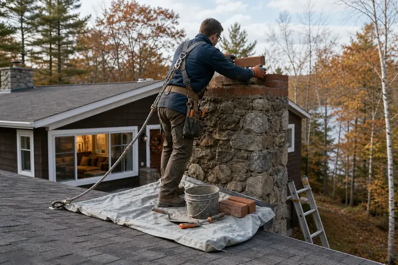 A harnessed mason setting a replacement brick near the top of a stone masonry chimney; illustrative image