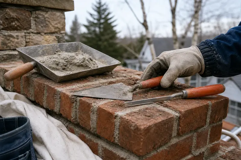 A mortar hawk, pointing trowel and jointer resting on sound brick at a chimney shoulder; illustrative image