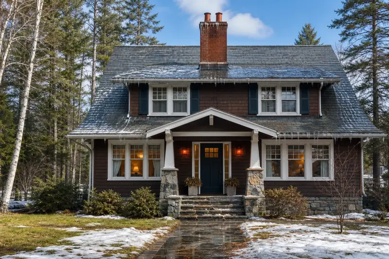 A 1950s Craftsman house in early thaw with icicles at the eaves and a two-flue brick chimney on a slate roof; illustrative image