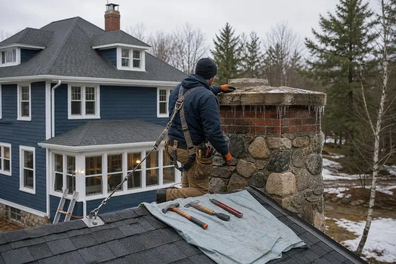 A harnessed mason examining the crown of a stone masonry chimney on a thawing day from a dry roof; illustrative image