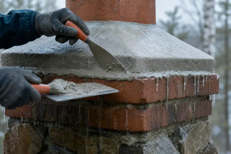 Gloved hands applying crown sealant along a chimney crown; illustrative image