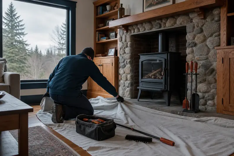 A technician laying drop cloths before servicing a freestanding gas stove, the fireplace cold; illustrative image