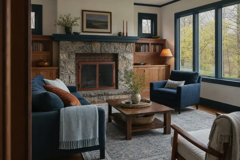 A calm hearth room with an open masonry wood-burning fireplace, glass doors closed and no fire; illustrative image