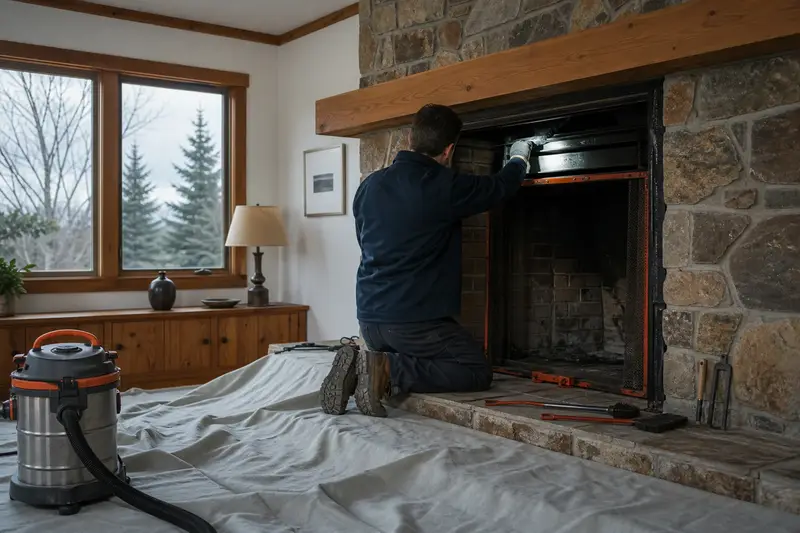 A technician checking the damper and smoke chamber of a factory-built wood-burning fireplace with a stone facing by flashlight, the fireplace cold; illustrative image