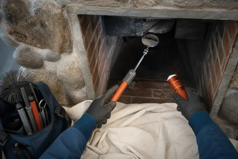An inspection mirror and flashlight held at the throat of a cold masonry firebox; illustrative image