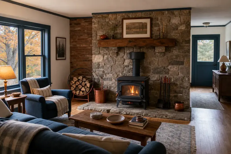A hearth room with a cast-iron wood stove on a stone hearth pad, split firewood in a steel rack and a clear hearth; illustrative image