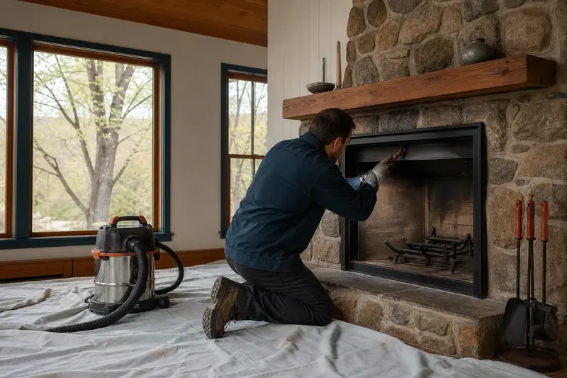 A technician adjusting the damper handle of a factory-built wood-burning fireplace with a stone facing by flashlight, the fireplace cold; illustrative image