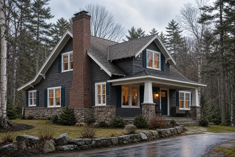 A 1950s Craftsman house with a tall brick chimney on a steep gable roof and neat mortar joints; illustrative image