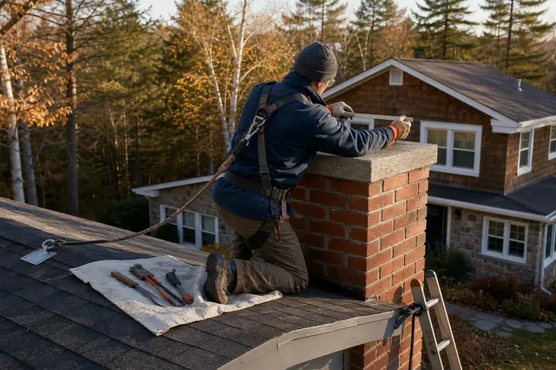 A harnessed mason measuring the crown of a red brick chimney with a concrete crown with a folding rule; illustrative image