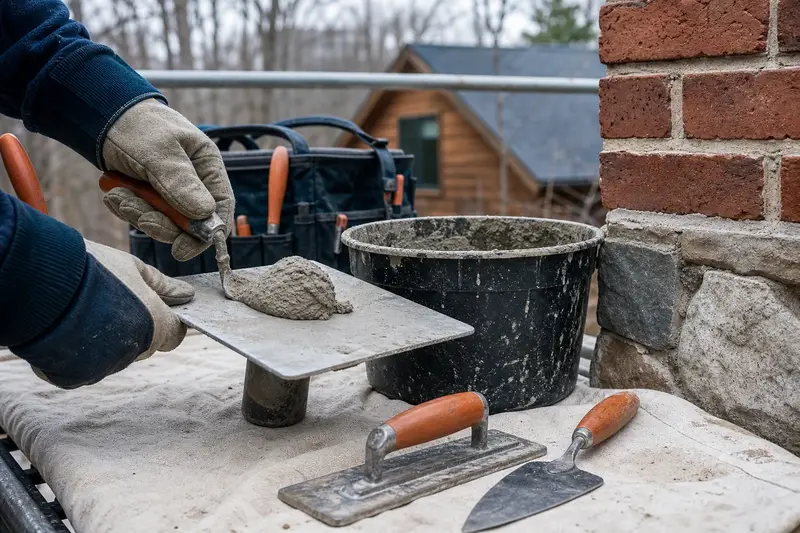 A mortar hawk, trowels and a bucket of mixed mortar set on a roof work platform; illustrative image