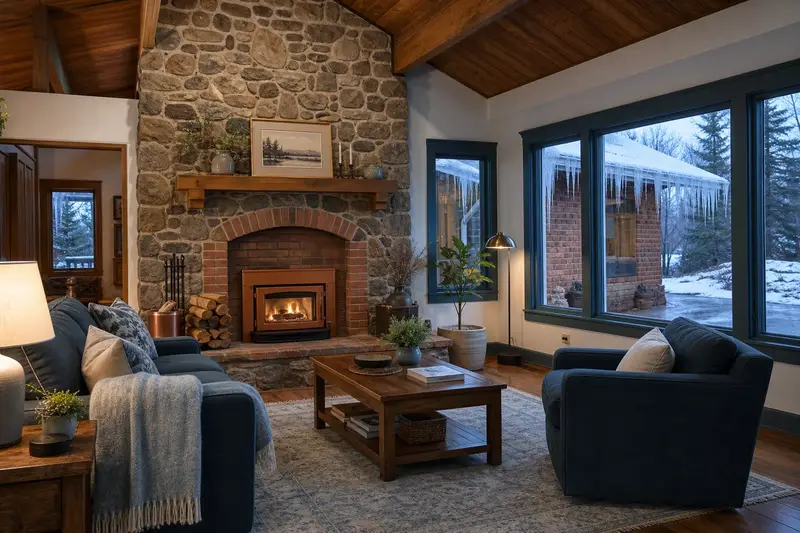 A warm hearth room with a wood-burning insert in a brick opening while snow melts outside the window; illustrative image