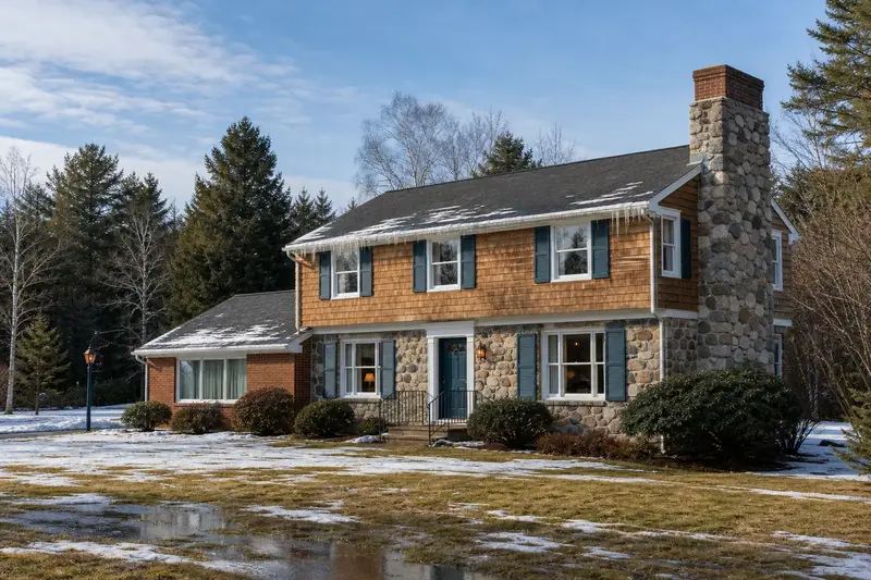A 1960s two-story suburban house on a thawing winter day with icicles at the eaves and a stone masonry chimney; illustrative image