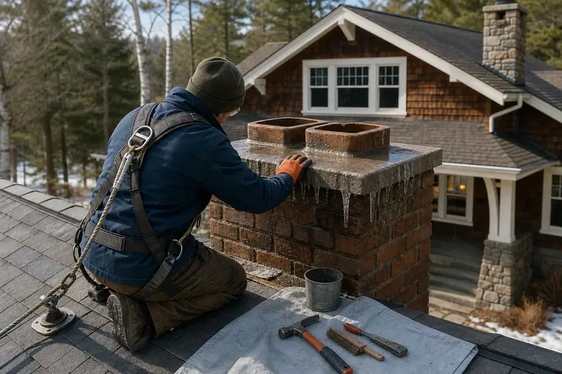 A harnessed mason examining the crown of a two-flue brick chimney on a slate roof after a thaw from a dry roof; illustrative image