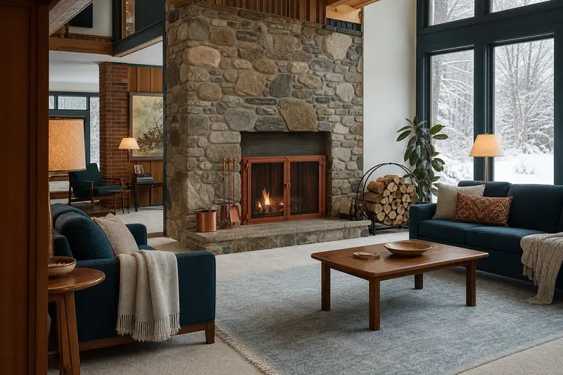 A prepared hearth room with an open masonry wood-burning fireplace, seasoned firewood in a rack and a clear hearth; illustrative image