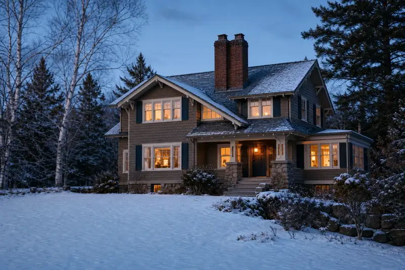 A 1950s Craftsman house with a two-flue brick chimney on a slate roof and warm windows as the heating season begins; illustrative image