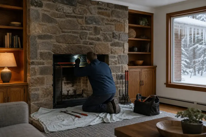 A technician checking the damper of a factory-built wood-burning fireplace with a stone facing by flashlight before winter, the fireplace cold; illustrative image