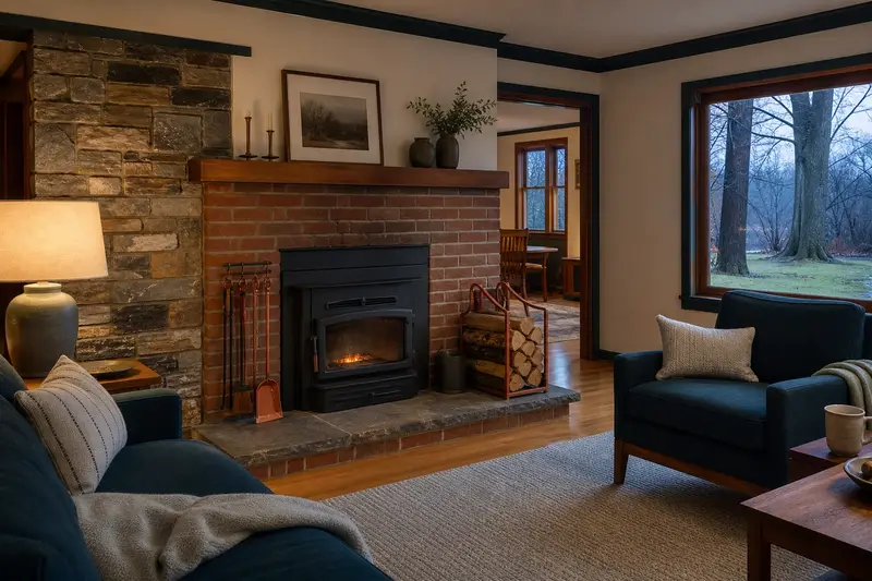 A tidy hearth room with a wood-burning insert in a brick opening, a cleared hearth, fireplace tools and split firewood; illustrative image