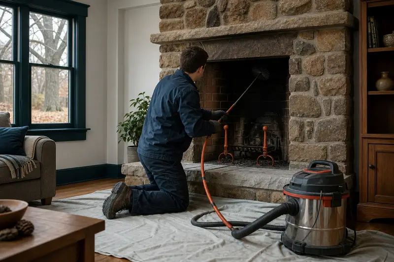 A technician feeding a rotary chimney brush up the flue of an open masonry wood-burning fireplace, drop cloths and a sealed vacuum on the hearth; illustrative image