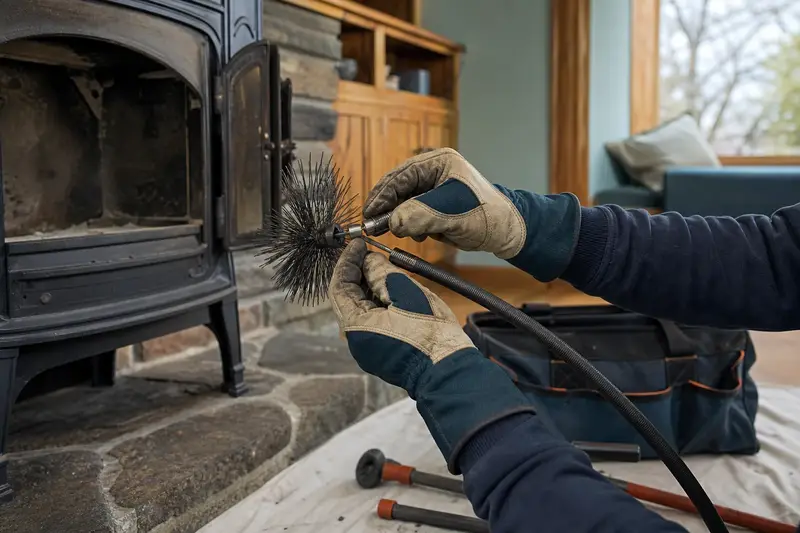 Gloved hands fitting a round wire brush onto a flexible rod at the hearth of a cast-iron wood stove on a stone hearth pad; illustrative image
