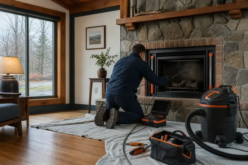 A technician guiding an inspection camera into the firebox of a direct-vent gas fireplace, the fireplace cold and unlit; illustrative image