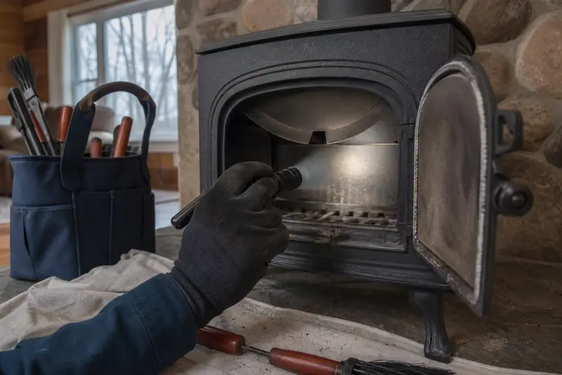 A flashlight beam across the smoke chamber and damper of a cast-iron wood stove on a stone hearth pad, a gloved hand holding the light; illustrative image