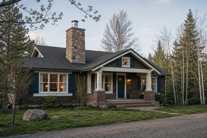 A 1950s Craftsman house with a stone masonry chimney fitted with a stainless steel liner cap; illustrative image