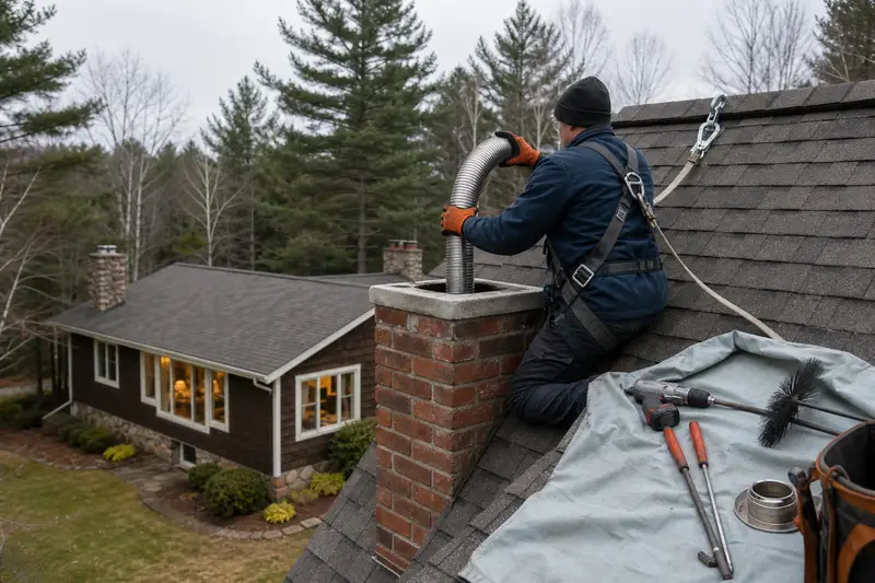 A harnessed technician guiding a flexible stainless steel liner down into the flue at the top of a tall brick chimney on a steep gable roof; illustrative image