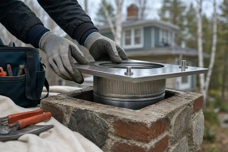 Gloved hands fitting a stainless steel liner top plate at a flue opening; illustrative image