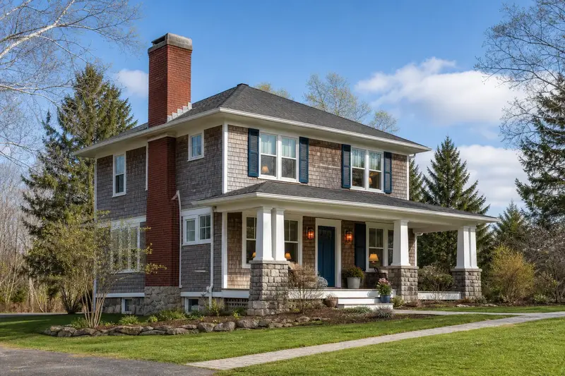 A 1950s foursquare house with a red brick chimney with a concrete crown rising above the roof; illustrative image