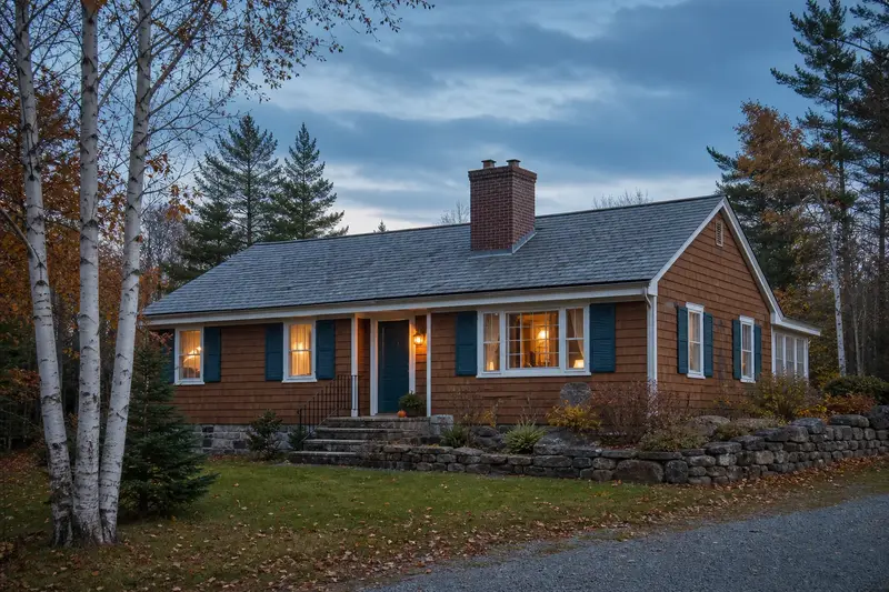 A 1950s cedar-sided rambler with a two-flue brick chimney on a slate roof and neat mortar joints; illustrative image