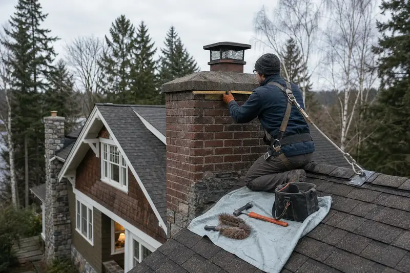 A harnessed mason measuring the crown of a tall brick chimney on a steep gable roof with a folding rule; illustrative image
