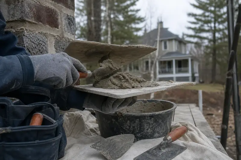 A mortar hawk, trowels and a bucket of mixed mortar set on a roof work platform; illustrative image