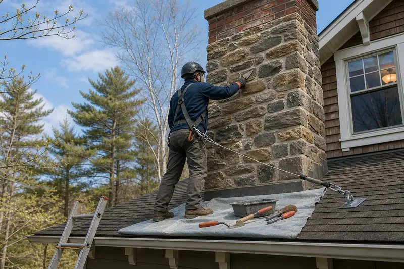 A harnessed mason repointing mortar joints on a stone masonry chimney with a pointing trowel; illustrative image