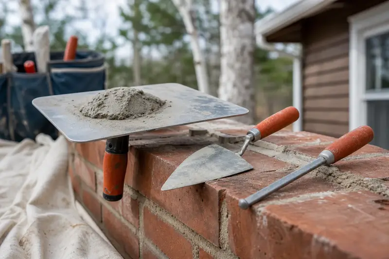 A mortar hawk, pointing trowel and jointer resting on sound brick at a chimney shoulder; illustrative image