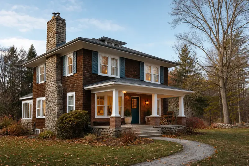 A 1950s foursquare house with a stone masonry chimney, lit windows and a swept front walk; illustrative image